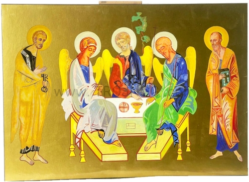 ikona pozłacana, trójca, z boku święty piotr i paweł, Kiko Arguello, trójca przy ołtarzu, 40 x 30 cm.jpg