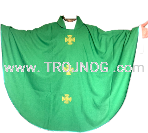 Ornat zielony lniany, lekki, przewiewny, na lato, z pozłacanym krzyżem, stuła w komplecie