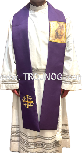 stuła kapłańska, fioletowa, pokutna, adwent, spowiedź, dla księdza, na nabożeństwa, do mszy, celebracja sakramentów, z wszta ikona, Chrystus, Dobry pasterz, owieczka zbłąkana, neo, haftowany Krzyż Jerozolimski, prezent dla księdza.png