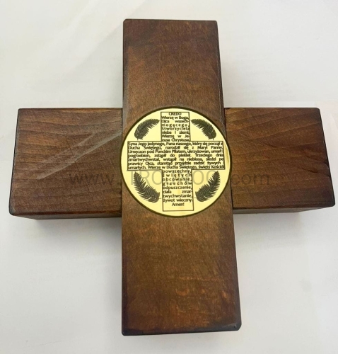 mocowanie palmy, mocowanie, uchwyt, do ściany, z drewna, złoty grawer Credo, pozłacana modlitwa, wyznanie wiary, na palme, reditio, wymiana palmy, krzyż.jpg