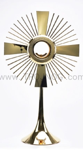 monstrancja duża, 59cm, mosiężna, pozłocona, klasyczna, z promieniami wychodzącymi z Krzyża, średnica 34cm.jpg