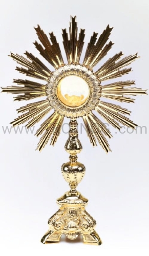 monstrancja ozdobna, z brązu, pozłacana, zdobiona, promienie wychodzace z hostii, wysoka 57cm.jpg