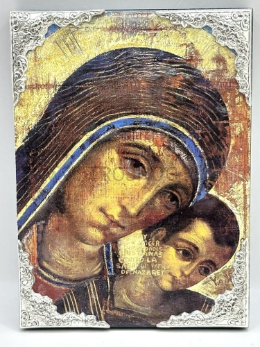 ikonka drewniana z posrebrzanymi rogami, ozdobna, na prezent, na chrzest, Maryja, Madonna Neo.jpg