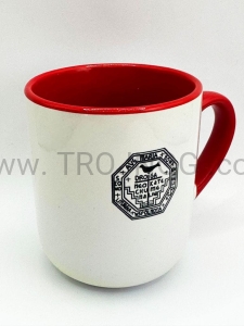 Kubek do kawy, czerwony, z logo oraz ikoną, ceramiczny, kawowy, ceramiczny