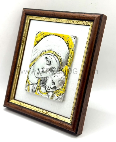 płaskorzeźba pozłacana, w drewnianej ramie, ozdobna, na prezent, podarunek, dla ksiedza, Maryja, Matka kochająca, troskliwa, Madonna Drogi, orantka, do postawienia, powieszenia, dla biskupa, na rocznice, religijna pamiatka, elegancka, estetyczna.jpg