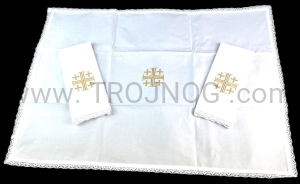 Komplet korporał 70x50 i 2 puryfikaterze, złoty haft Krzyż Jerozolimski, bawełna