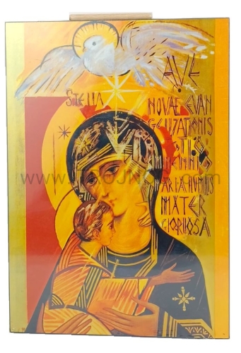 Ikona na desce, Madonna 3 Milennium, Madonna III millenium, Kiko, droga, nowe tysiąclecie, ewangelizacja, pozłacana, gołębica pokoju.jpg