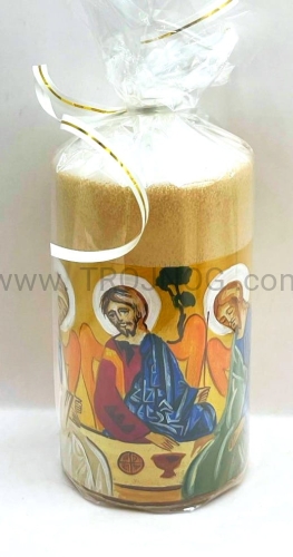 świeca 15 cm, na laudesy, do modlitwy, z ręcznie pisaną ikoną, ikona trójca, rękodzielo, ikonopisanie, trojca rublow, nowa ewangelizacji, nowa estetyka, na prezent, estetyczny, wysoka jakość, żywe kolory.jpg