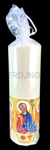 świeca wysoka, 25cm, nie kopci, bezwonna, z recznie pisana ikona, rekodzielo, rekopis, pisana ikona recznie, trojca, ikona trojca wzorowana na starozytnych, nowa estetyka, ewangelizacja, na stól, ołtarz, do modlitwy, prezent religijny