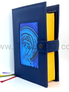 Okładka na brewiarz, z prawdziwej skóry, ciemny niebieski, z wszyta ikoną, pokrowiec ochronny, etui, futerał