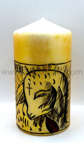 świeca z recznie pisana ikona, rekodzielo, Baranek Paschalny, baranek ofiarny, ofiara całopalna, pascha, na pozłacanym tle, z napisem pascha, świeca 15cm, do modlitwy, na ołtarz