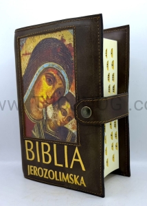 Okładka ze skóry z ikoną Madonny, brązowa, na nowa Biblia Jerozolimska, mniejsza