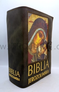 Okładka ze skóry z ikoną Madonny, brązowa, na nowa Biblia Jerozolimska, mniejsza