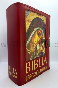 Okładka ze skóry z ikoną Madonny, czerwona, na nowa Biblia Jerozolimska, mniejsza