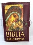 Okładka ze skóry z ikoną Madonny, bordo, na nowa Biblia Jerozolimska, mniejsza