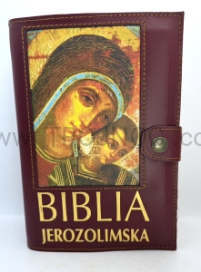 Okładka ze skóry z ikoną Madonny, bordo, na nowa Biblia Jerozolimska, mniejsza