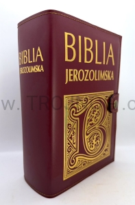 Okładka ze skóry z pozłacanym tłoczeniem, borgogna, na nowa Biblia Jerozolimska, mniejsza