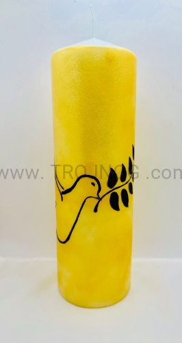 swieca na oltarz, na stol, modlitwy, z recznie pisana, symbol ducha swietego, golebica pokoju, znak pokoju, z galazka oliwna, 25cm, wysoka, 8cm, szeroka, rekodzielo, na pozłacanym tle, możliwe inne ikony, symbole