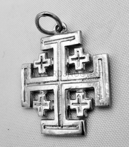 krzyż jerozolimski, ze srebra, prawdziwe srebro, najwyższa próba, duży, 1,9cm, napis z tyłu, JERUSALEM, 2cm z uchem, nabita proba srebra, krzyżyk jerozolimski, na szyje, do łańcuszka, rzemienia, do noszenia na szyi