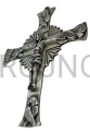Cruz de pared, de latón, plateada, envejecida, con símbolos de los evangelistas, cruz gloriosa, con rayos de gloria, rayos que salen de la cruz, tetramorfismo, plata envejecida, contorneada, latón plateado.