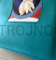 turquoise cover with a sewn-in icon, Christ Pantocrator, the Savior, for a large Jerusalem Bible, with a lock, case, protective packaging, with discoloration, cheaper, promotion, bargain, from the manufacturer