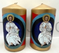 swieca 15 cm, z recznie pisana ikona Pantokrator, na pozłacanym tle, rekodzielo, 8cm szerokosc, na oltarz, do modlitwy brewiarzowej, skupienia, wyprzedaz, zarysowane tlo, od producenta