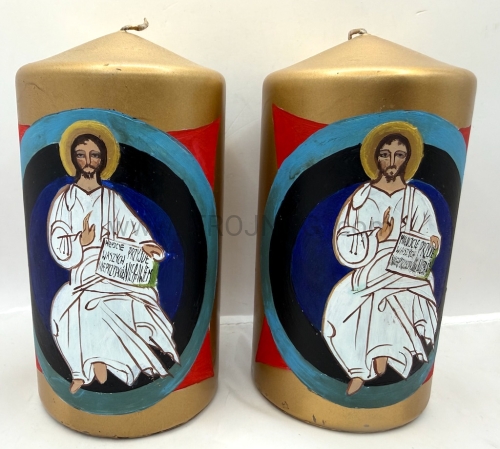 swieca 15 cm, z recznie pisana ikona Pantokrator, na pozłacanym tle, rekodzielo, 8cm szerokosc, na oltarz, do modlitwy brewiarzowej, skupienia, wyprzedaz, zarysowane tlo, od producenta