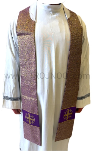 stuła kapłańska, kolor fioletowy, na liturgie pokutną, do spowiedzi, na okres Adwentu, na okres Wielkiego postu, stuła fioletowa, jednokolorowa, cała pozłacana, wyhaftowany Krzyż Jerozolimski, z białym kołnierzykiem