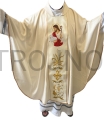 white chasuble, with the image of Christ, the Good Shepherd, with a lost sheep, ecru, gold threads, shiny, with a collar, stole included, chasuble with the Good Shepherd, for a priest, gift, present