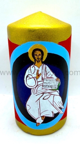 Świeca 15 cm, z ręcznie pisaną ikoną, Jezus Chrystus, Pantokrator, pozłacane tło, rękodzieło, pisana ikona, na świecy, na ołtarz, na stół, do modlitwy, ikona Zbawiciela, bez wonna, bez zapachu, świeca boczna