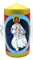 Bougie de 15 cm, ornée d'une icône manuscrite représentant Jésus-Christ Pantocrator, sur fond doré. Fabrication artisanale. Icône manuscrite, à poser sur une bougie, un autel ou une table, pour la prière. Icône du Sauveur. Sans parfum.