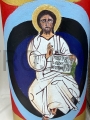 Bougie de 25 cm de haut, Pâques, avec une icône manuscrite représentant Jésus-Christ, Pantocrator, sur fond doré. Artisanat, icône manuscrite, à poser sur une bougie, un autel ou une table, pour la prière. Icône du Sauveur, sans odeur, bougie d'appoint.