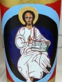 Candela 25 cm alta, Paschalik, cum icone manu scripta, Iesus Christus, Pantokrator, fundo deaurato, artificium, icona scripta, in candela, in ara, in mensa, ad preces, icona Salvatoris, inodora, inodora, candela lateralis.