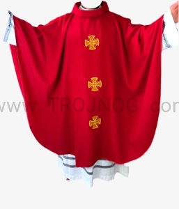 Ornat czerwony lniany, lekki, przewiewny, na lato, z pozłacanym krzyżem, stuła w komplecie, len
