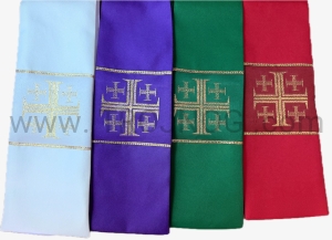 Komplet 4 stuł, Krzyż jerozolimski, stuły jednokolorowe, jednolite, w czterech kolorach liturgicznych