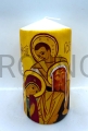candela, da tavolo, per la preghiera in famiglia, lodi, Padre Nostro, meditazione, con una bellissima icona della Sacra Famiglia scritta a mano da Rio, placcata oro, candele laterali, come regalo, alta 15 cm.jpg