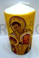 Kerze für den Tisch, für das Familiengebet, Laudes, Christusgebet, Meditation; mit einer wunderschönen, handgemalten Ikone der Heiligen Familie von Rio, vergoldet, Seitenkerzen, als Geschenk, 15 cm hoch.