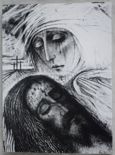 ikona na desce, 20x15, szkic, biało czarny, Pieta, zdjęcie z Krzyża, Kiko Arguello, Cammino, Droga Neokatechumenalna