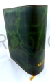 Bible cover, "Biblia Plus", "scrutate le scritture"; green in color, crafted from leather, and secured with a snap fastener. The interior includes soft padding, and the case is reinforced, protective cover gold-lettered inscriptions
