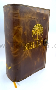 Okładka ze skóry z pozłacanym tłoczeniem, brązowa, na Biblia Plus, wzmocniona