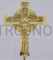 table cross, 26 cm high, standing, traditio, for prayer, for laudes, standing, brass, hand-finished, carved, polished, Christ in front, surrounded by glory, Mary on the back of the cross, alpha and omega symbols, holy spirit.JPG