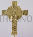 namizni križ, visok 26 cm, stoječi, tradicijski, za molitev, za pohvale, stoječi, medeninast, ročno obdelan, izrezljan, poliran, Kristus spredaj, obdan s slavo, Marija na zadnji strani križa, simboli alfa in omega, Sveti Duh.JPG