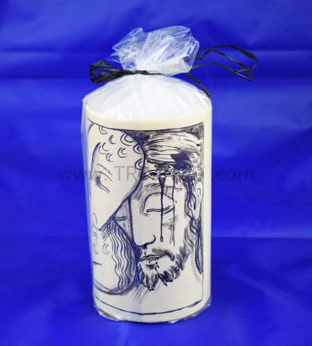 świeca, ręcznie pisana, ikona, dobry pasterz, Chrystus, z barankiem, owieczką, troskliwy, szkic, rzemiosło, na msze, liturgie, do modlitwy, laudesy, świece boczne, szkic, Kiko, na prezent, wysokość 15 cm.JPG