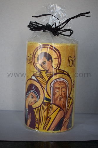 świeca, na stół, do rodzinnej modlitwy, laudesy, modlitwa Chrystusowa, medytacja, z piękną, ręcznie pisaną, ikoną Świętej Rodziny z Rio, pozłacana, świece boczne, na prezent, wysoka 15 cm.jpg